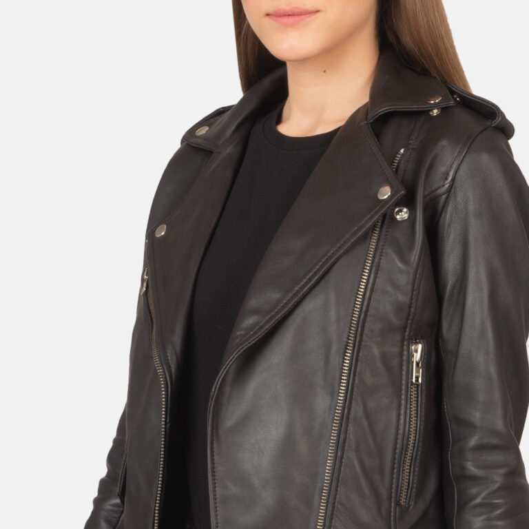 Womens Alison Brown Leather Biker Jacket Close-Up-9-1659370543076